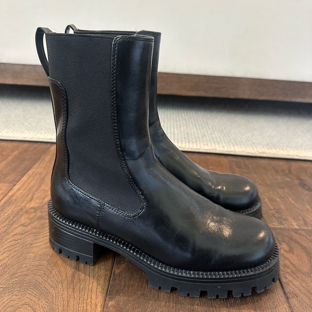 Zara Black Leather Chunky Ankle Boots